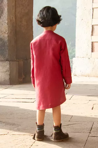 Candy-Red Embroidered Linen Dress