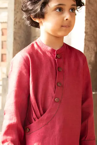Candy-Red Embroidered Linen Dress