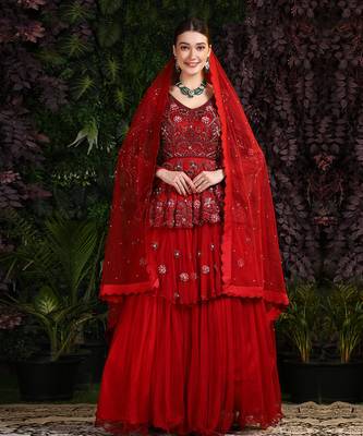 Red 2 Tier Hand Embroidered Maroon Gown Veil 1