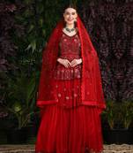 Red 2 Tier Hand Embroidered Maroon Gown Veil