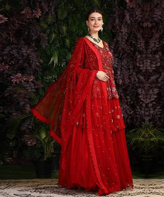 Red 2 Tier Hand Embroidered Maroon Gown Veil 3