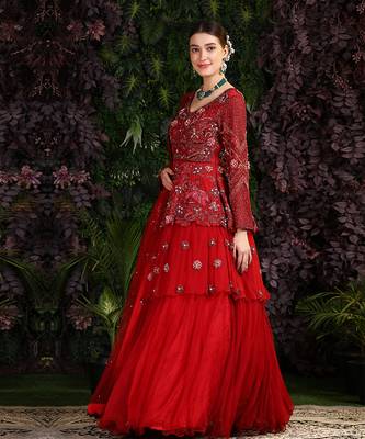 Red 2 Tier Hand Embroidered Maroon Gown Veil 4