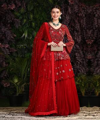 Red 2 Tier Hand Embroidered Maroon Gown Veil 5