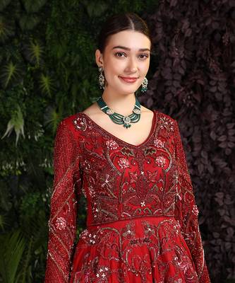 Red 2 Tier Hand Embroidered Maroon Gown Veil 6