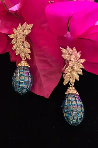 Blue Crescent Shaped Marquis Cluster Top With Blue Sapphire Drop In Invisible Setting