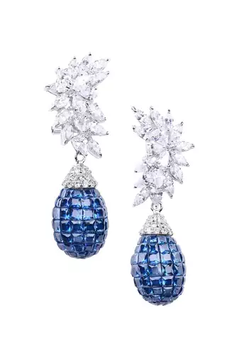 Blue Crescent Shaped Marquis Cluster Top With Blue Sapphire Drop In Invisible Setting