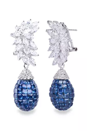 Blue Crescent Shaped Marquis Cluster Top With Blue Sapphire Drop In Invisible Setting