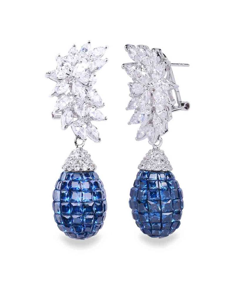 Blue Crescent Shaped Marquis Cluster Top With Blue Sapphire Drop In Invisible Setting