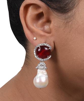 Red Cabochon Ruby With Baroque Pearl Drop And Diamonds 1