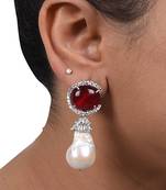 Red Cabochon Ruby With Baroque Pearl Drop And Diamonds