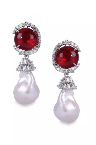 Red Cabochon Ruby With Baroque Pearl Drop And Diamonds