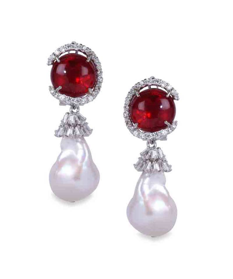 Red Cabochon Ruby With Baroque Pearl Drop And Diamonds