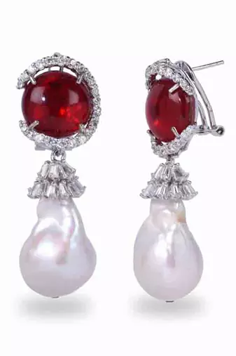 Red Cabochon Ruby With Baroque Pearl Drop And Diamonds