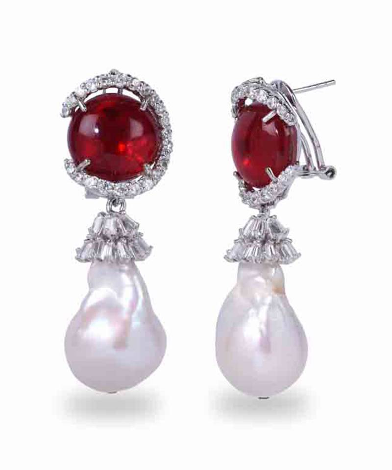 Red Cabochon Ruby With Baroque Pearl Drop And Diamonds