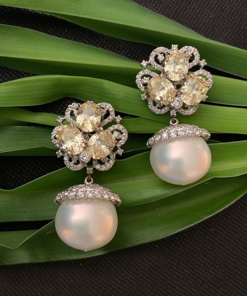 White Yellow Sapphire Cluster Top With Cultured Pearl Drop