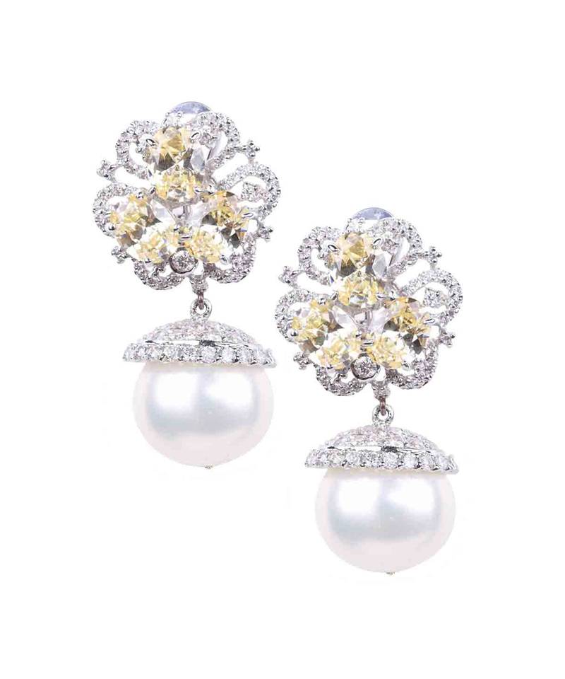 White Yellow Sapphire Cluster Top With Cultured Pearl Drop