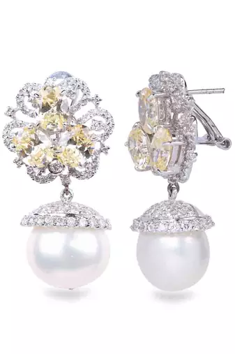 White Yellow Sapphire Cluster Top With Cultured Pearl Drop