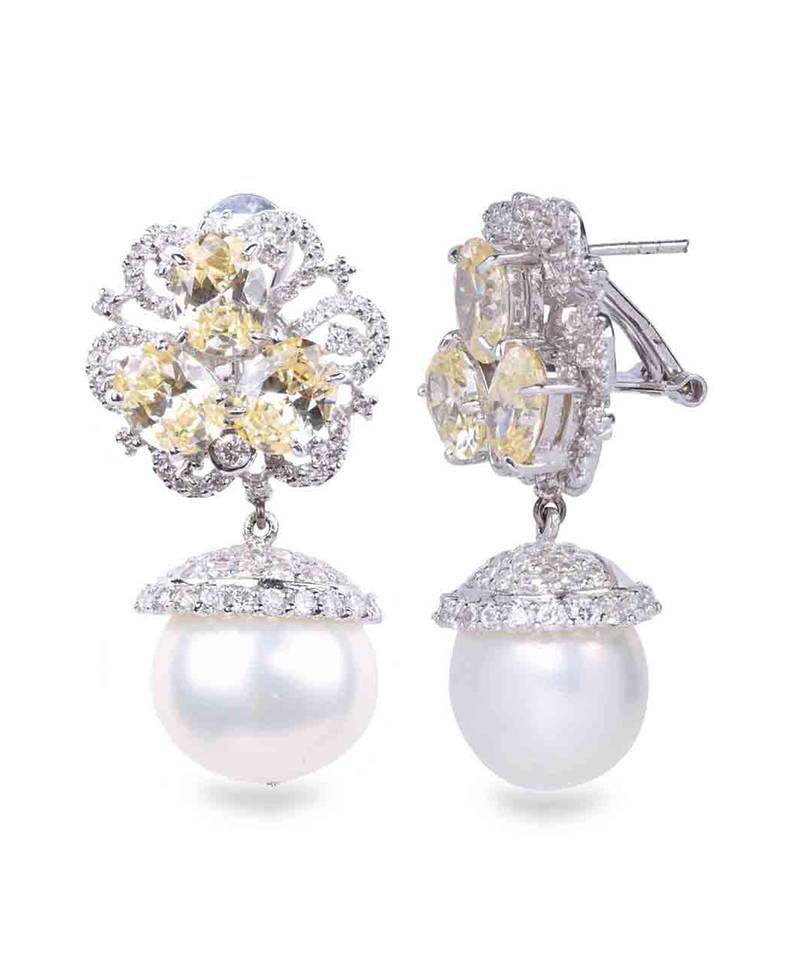 White Yellow Sapphire Cluster Top With Cultured Pearl Drop