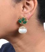 Green Emerald Cluster Top With Cultured Pearl Drop In 18K Gold Polish