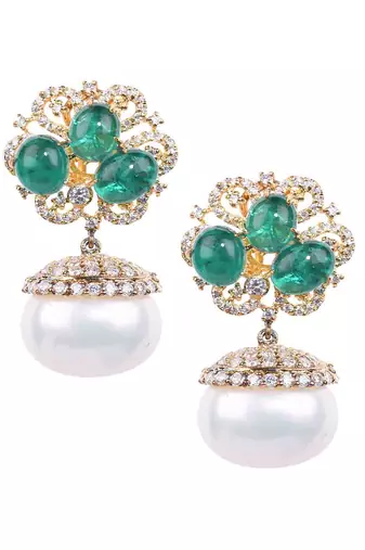 Green Emerald Cluster Top With Cultured Pearl Drop In 18K Gold Polish