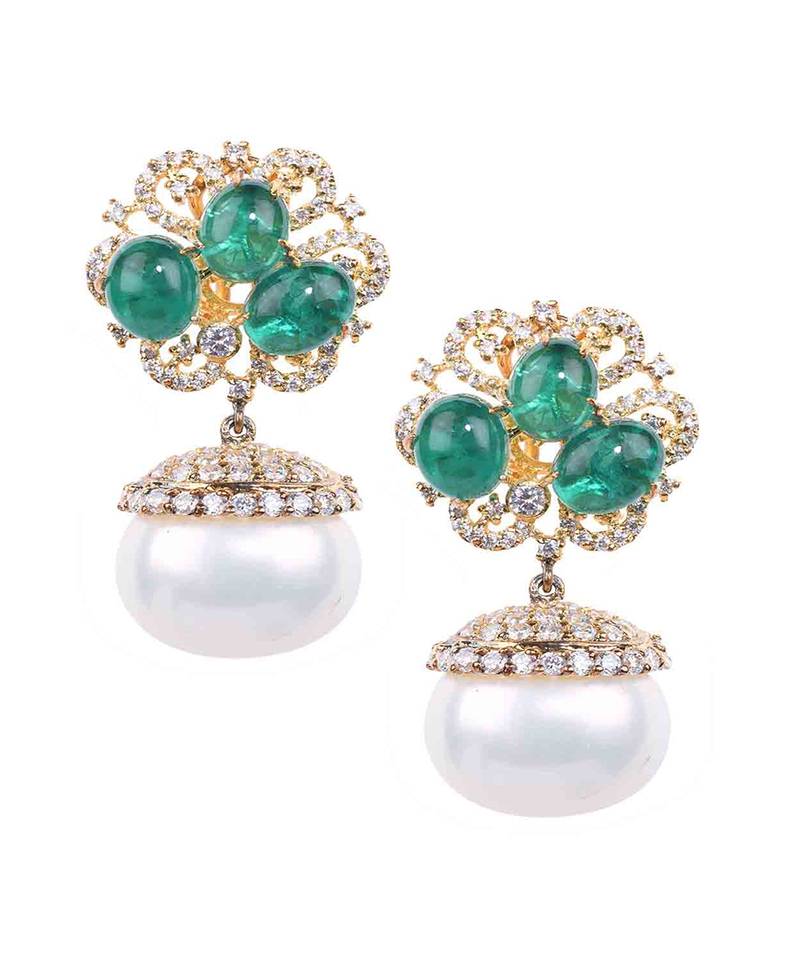 Green Emerald Cluster Top With Cultured Pearl Drop In 18K Gold Polish