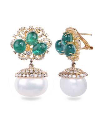 Green Emerald Cluster Top With Cultured Pearl Drop In 18K Gold Polish 4
