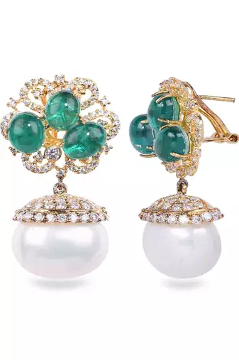 Green Emerald Cluster Top With Cultured Pearl Drop In 18K Gold Polish