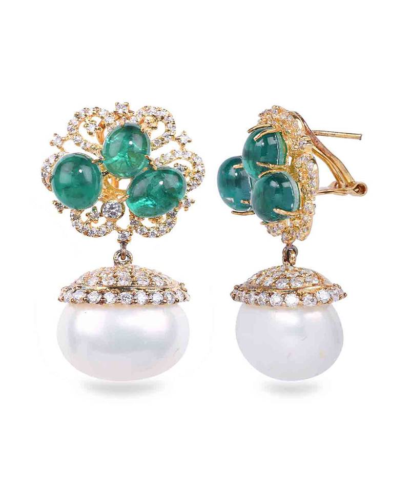 Green Emerald Cluster Top With Cultured Pearl Drop In 18K Gold Polish
