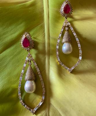 Red Ruby Pear Top With Cultured Pearl Drop And Big Diamond Halo 2