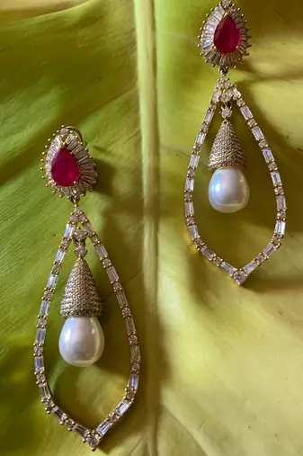 Red Ruby Pear Top With Cultured Pearl Drop And Big Diamond Halo