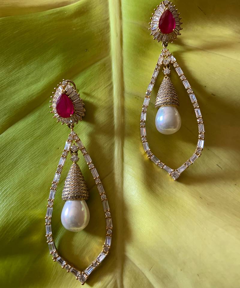 Red Ruby Pear Top With Cultured Pearl Drop And Big Diamond Halo