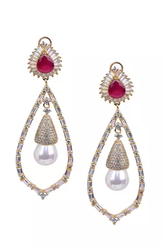 Red Ruby Pear Top With Cultured Pearl Drop And Big Diamond Halo