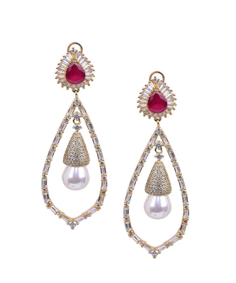 Red Ruby Pear Top With Cultured Pearl Drop And Big Diamond Halo