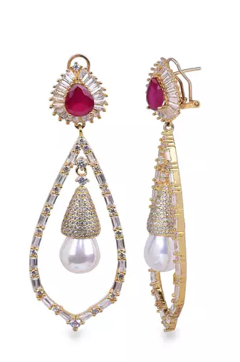 Red Ruby Pear Top With Cultured Pearl Drop And Big Diamond Halo