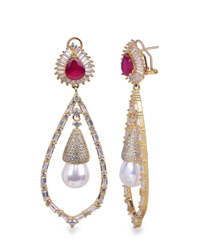 Red Ruby Pear Top With Cultured Pearl Drop And Big Diamond Halo