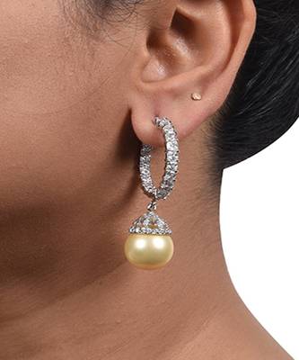 Cream Princess Cut Diamonds Big Hoops With Yellow Pearl Drop 1