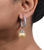 Cream Princess Cut Diamonds Big Hoops With Yellow Pearl Drop