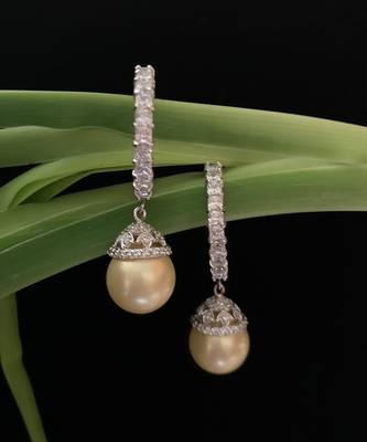Cream Princess Cut Diamonds Big Hoops With Yellow Pearl Drop 2