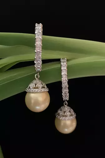 Cream Princess Cut Diamonds Big Hoops With Yellow Pearl Drop