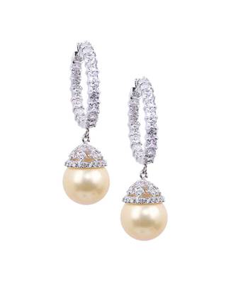 Cream Princess Cut Diamonds Big Hoops With Yellow Pearl Drop 3