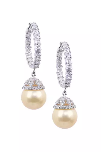 Cream Princess Cut Diamonds Big Hoops With Yellow Pearl Drop