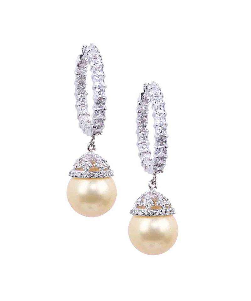 Cream Princess Cut Diamonds Big Hoops With Yellow Pearl Drop