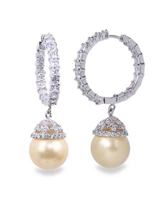 Cream Princess Cut Diamonds Big Hoops With Yellow Pearl Drop 4