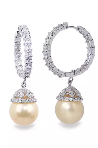 Cream Princess Cut Diamonds Big Hoops With Yellow Pearl Drop