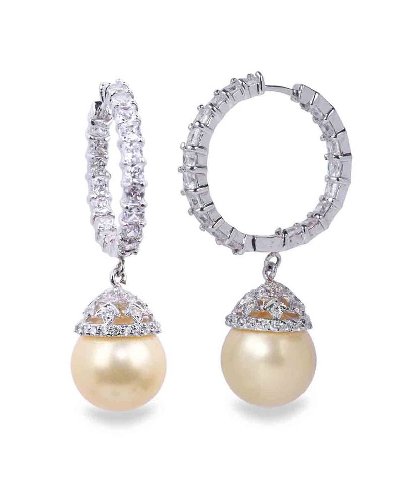 Cream Princess Cut Diamonds Big Hoops With Yellow Pearl Drop
