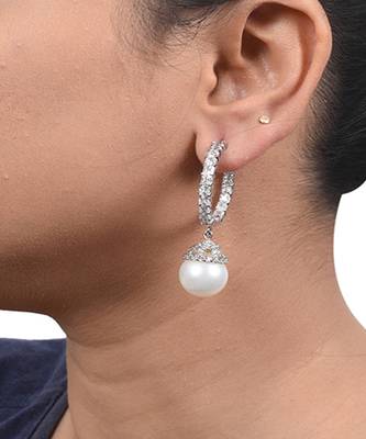 White Princess Cut Diamonds Big Hoops With White Pearl Drop 1
