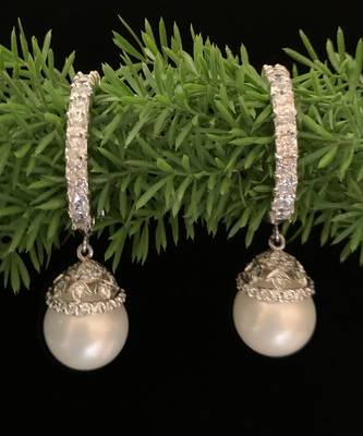 White Princess Cut Diamonds Big Hoops With White Pearl Drop 2