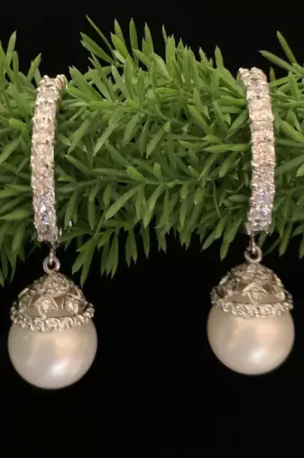 White Princess Cut Diamonds Big Hoops With White Pearl Drop