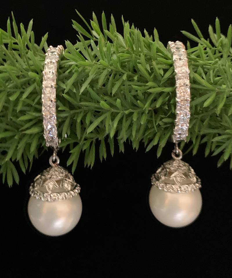 White Princess Cut Diamonds Big Hoops With White Pearl Drop