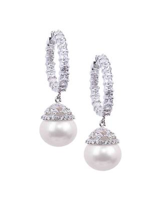 White Princess Cut Diamonds Big Hoops With White Pearl Drop 3